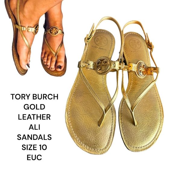 Tory Burch Shoes - TORY BURCH LOGO SANDALS GOLD SIZE 10 EUC